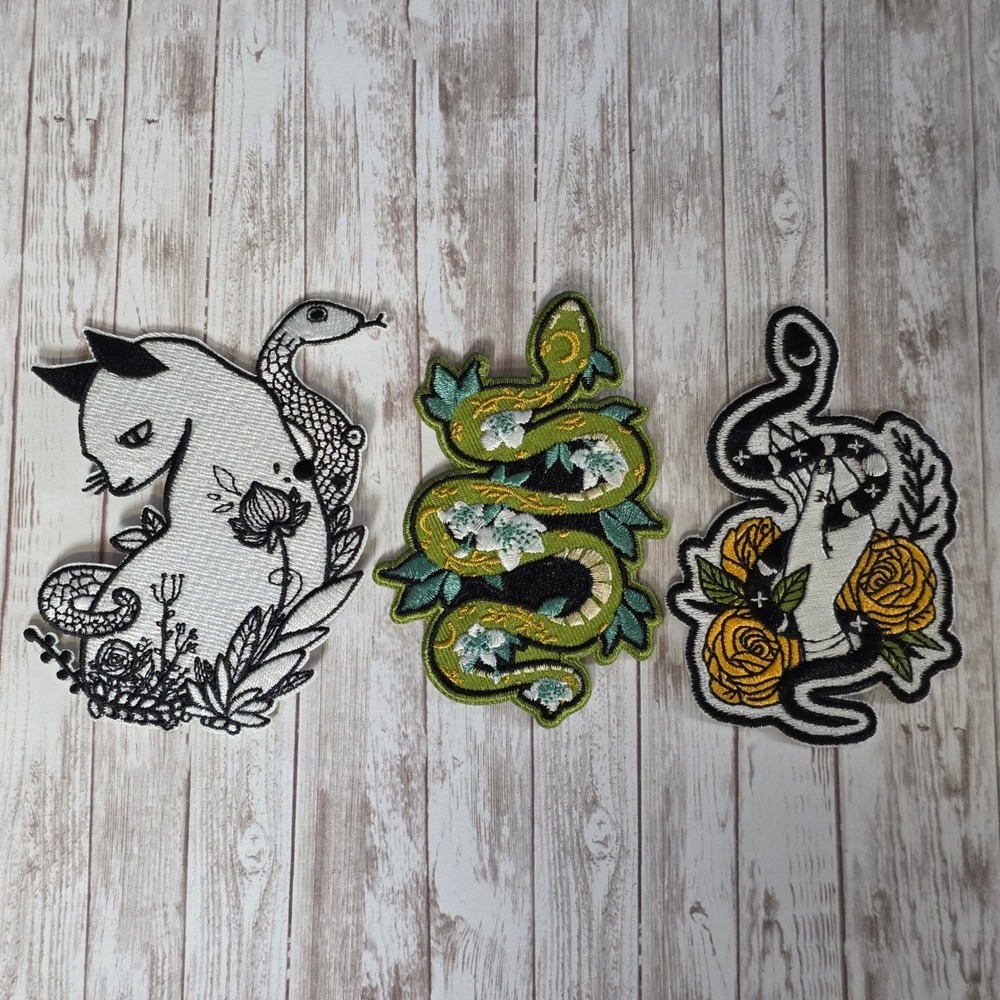 Hot Topic Snake Embroidered Iron-On Patch Lot 3 Cat Floral Hand Goth NWT